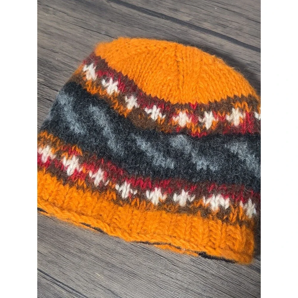 Earth Ragz 100% Pure Wool Beanie Hat Fair Isle Orange Grey Boho Heavy Knit OS